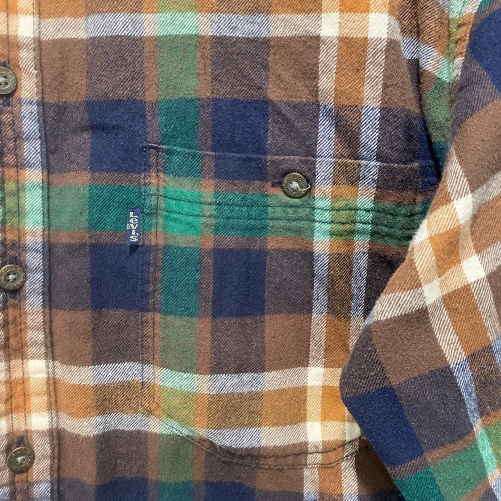 Levis Plaid Flannel Shirt Mens sz L Brown Blue Long Sleeve Button Up Western - Picture 5 of 9